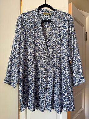 Rock Flower Paper Blue White Print Tunic Blouse Boho Button Down Size L